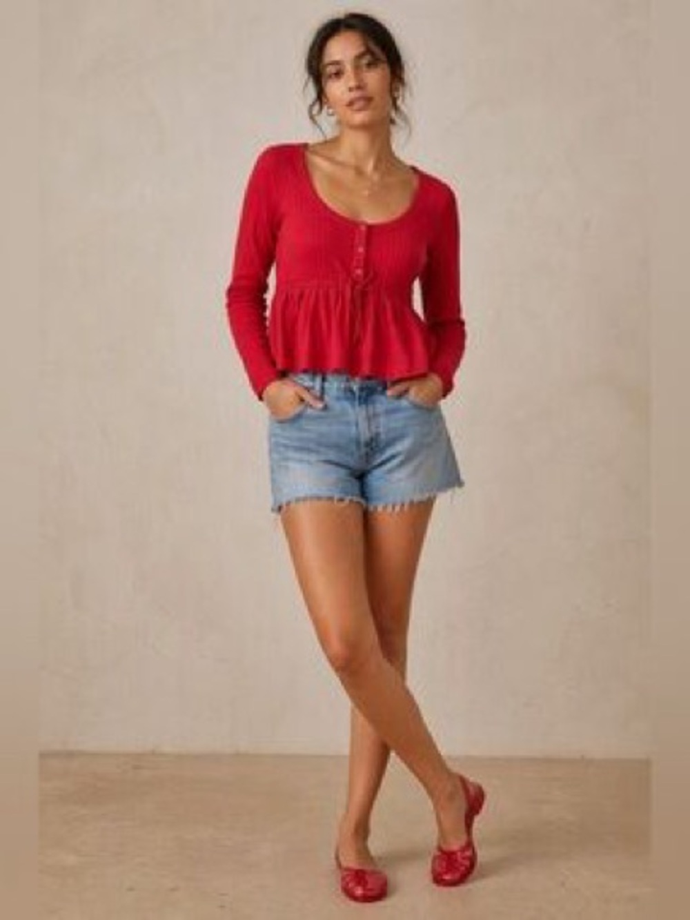Pilcro Long Sleeve Scoopneck Babydoll Top Size Medium Red Peplum Anthropologie